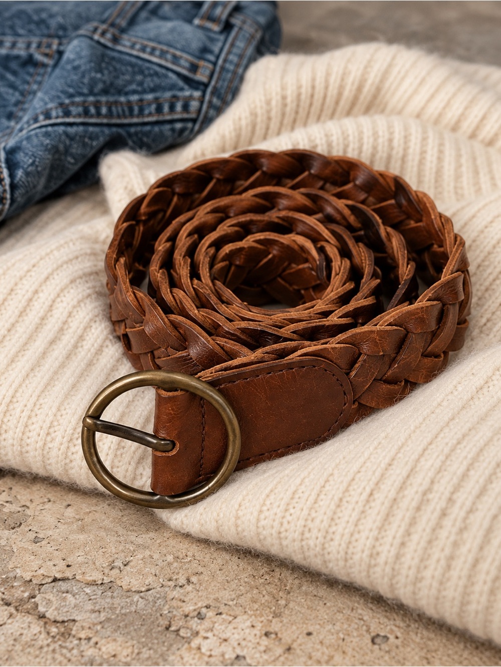 GAP Brown Woven Leather Belt Boho Western Rustic Round Buckle Braided Detail